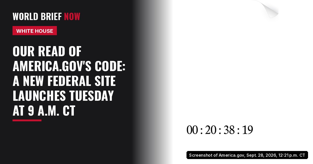 The America.gov home page on Sept. 28, 2026: a plain white page showing only a countdown clock reading 00:20:38:19, with the top-right corner curled back like a sheet of paper.